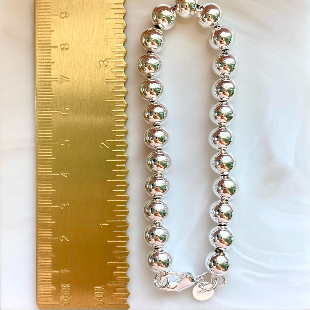 Sterling Silver 8mm Beaded Bracelet - Shiny Silver Women’s Bracelet - Picture 3 of 4